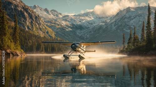 Alaskan alpine lake seaplane landing with mist, reflections and evergreen shoreline