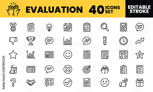 фотографія A professional set of forty evaluation line icons for business performance reviews and feedback analysis on white background