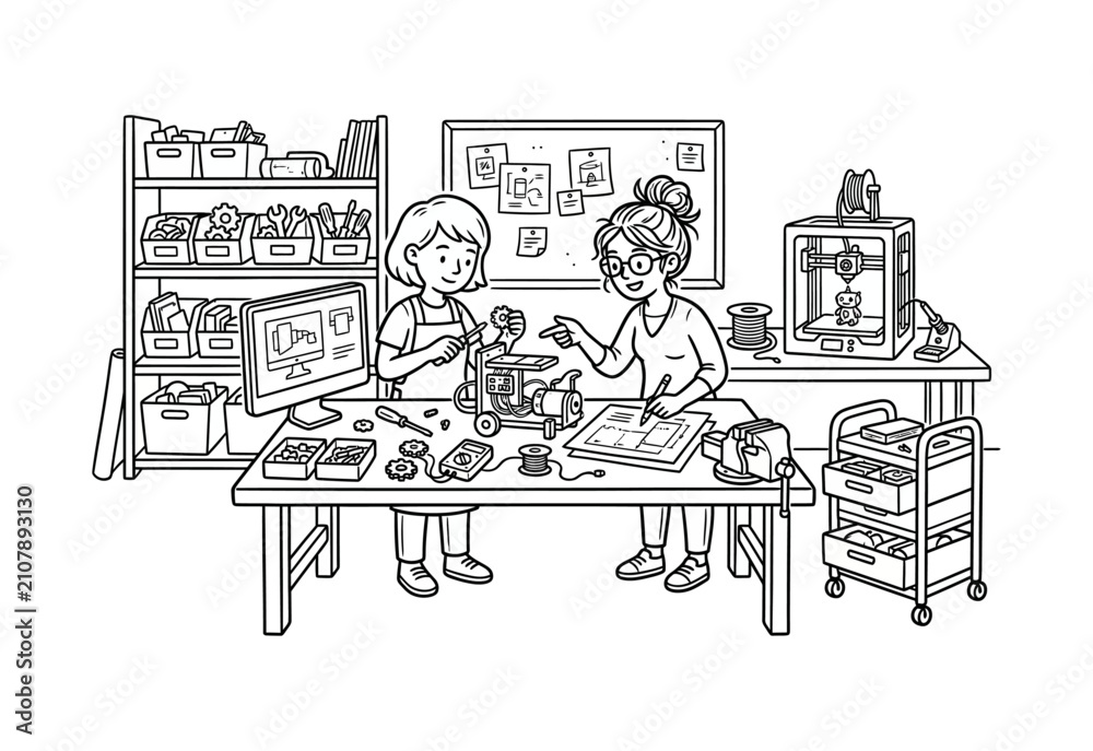 Obraz premium Women Engineers Building Robot in Maker Space Vector Illustration