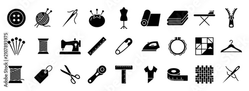Foto Set of black sewing and tailoring icons including button, yarn, needle, pin cush