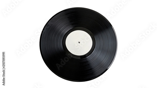 Classic retro black vinyl music record disc white center isolated on transparent background