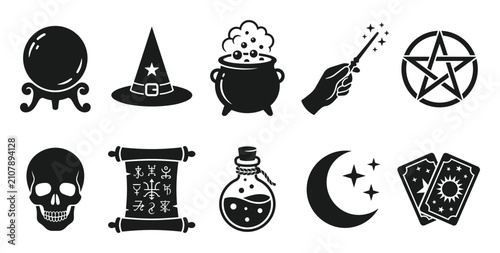 Картината върху платно Set of magical and witchcraft icons including crystal ball, witch hat, cauldron,