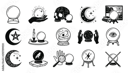 Foto Collection of mystical and magical crystal ball icons with various esoteric and