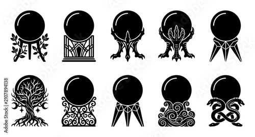 Canvas Print Set of mystical crystal ball icons with various decorative and mythical designs
