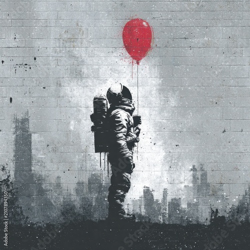 Astronaut silhouette with a red balloon in a gritty street-art stencil scene