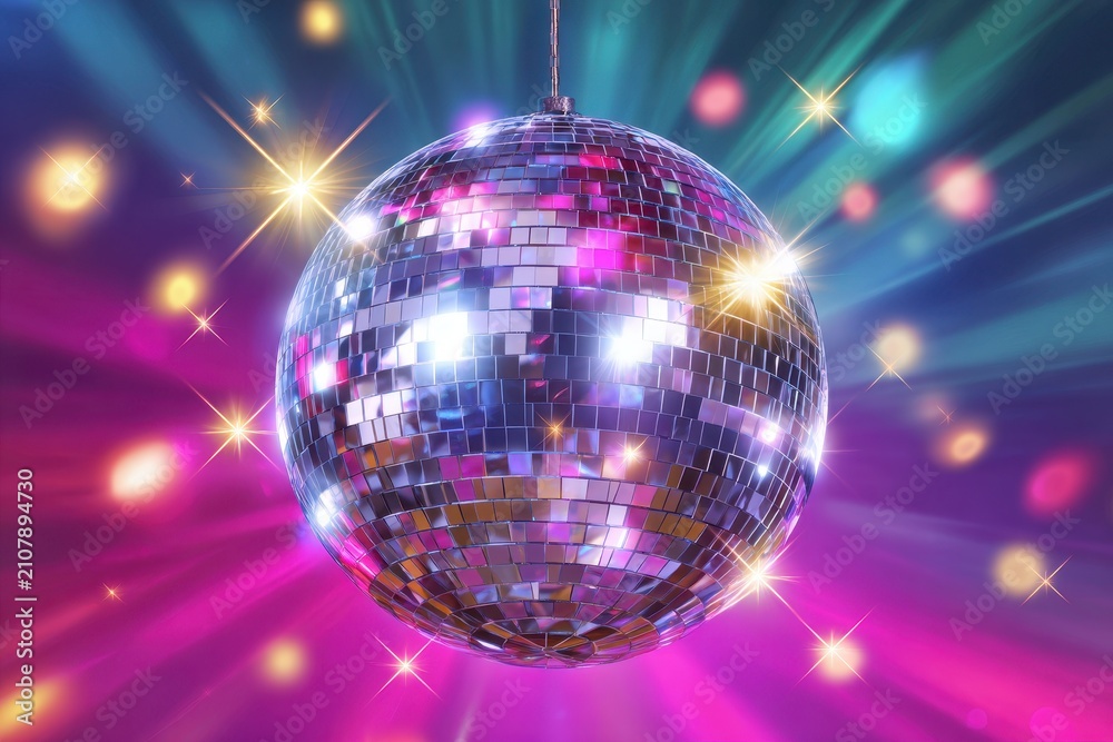 Obraz premium Colorful reflective disco ball scene with radiant light rays and glitter