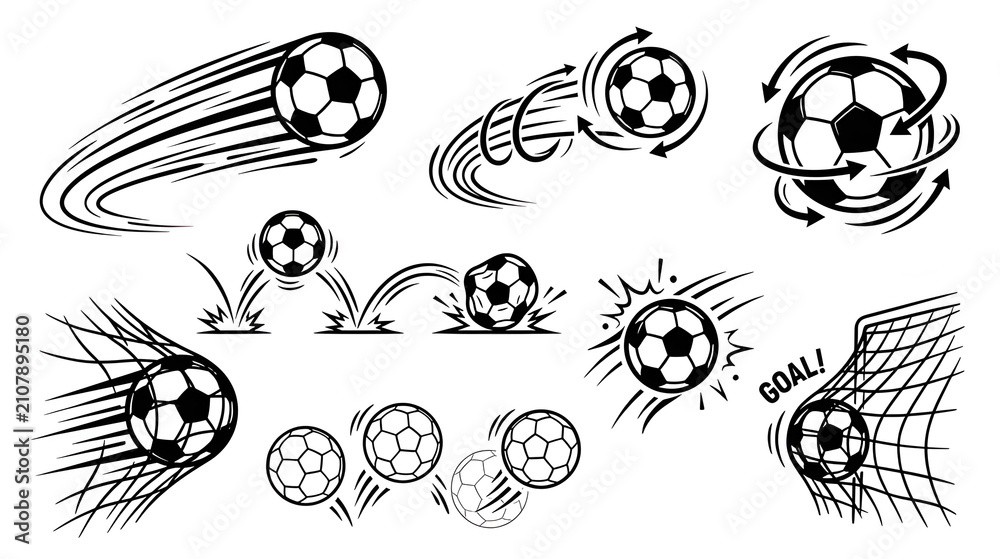 Vector set of a moving soccer ball, featuring speed lines and a goal net, on a white background