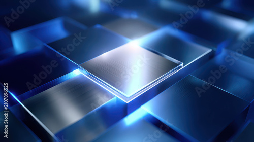 Abstract geometric background with metallic cubes and blue glowing light. A close-up shot of a textured surface, showcasing the interplay of light and shadow.