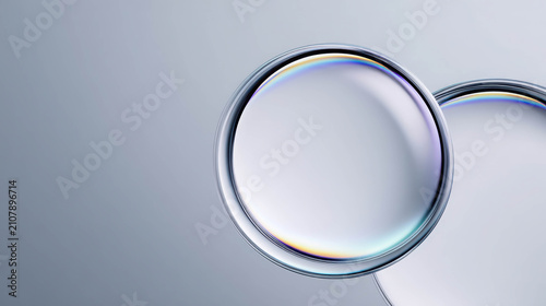 Macro shot of transparent water bubble reflecting rainbow colors with light reflection on a grey background