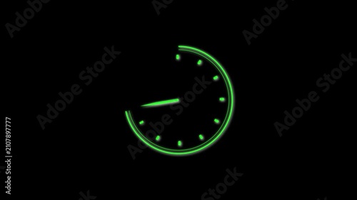 Green Neon Clock Dial with Glowing Markers and Hand on animation Black Background time face. Animated green neon clock dial, glowing markers, moving hand, black backdrop, futuristic time interface.