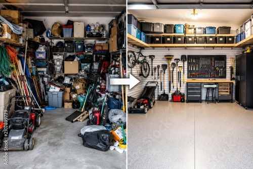 Messy garage transformed into an organized and clean workshop, before and after comparison