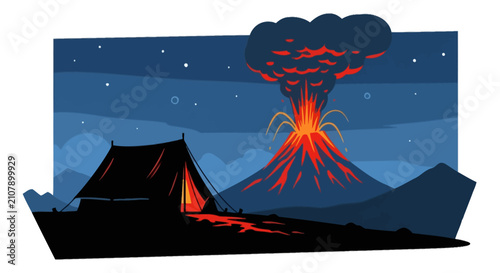 Fotografie Camping under a night sky next to an erupting volcano
