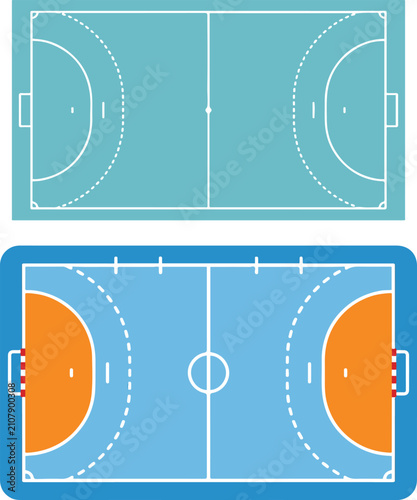 Vector illustration of two handball court layouts viewed from above, featuring a standard court outline and a colored playing field with marked goal areas and boundary lines.