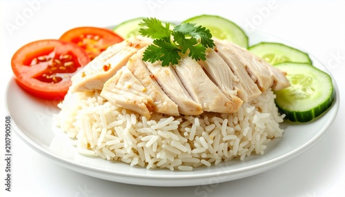 Singaporean Hainanese chicken rice elegantly plated on a white copy space background, realistic presentation, high detail
