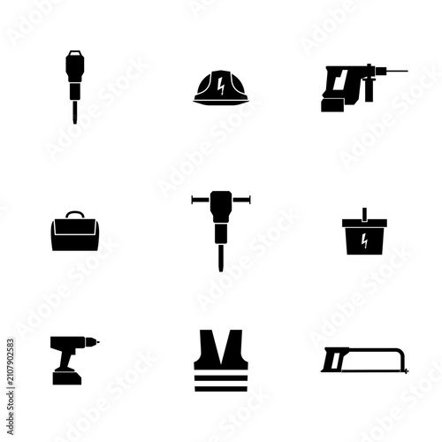 Collection of flat black electrician and electrical tools icons isolated on white background. Includes jackhammer, hard hat, rotary hammer, toolbox, battery, drill, safety vest and hacksaw.