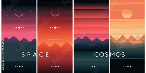 Fotografi Minimalist Space Scenery With Mountains And Celestial Bodies A Vertical Vector I