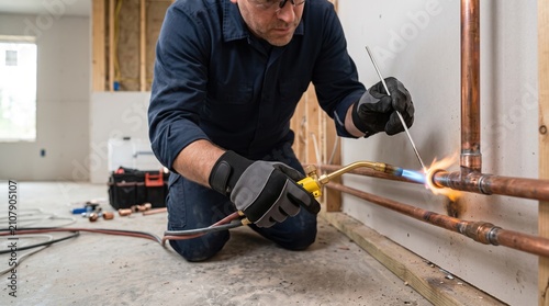 A person kneels on the floor in a building site and works on plumbing. The worker uses a torch to heat copper pipes for joining them. Tools and materials are visible nearby