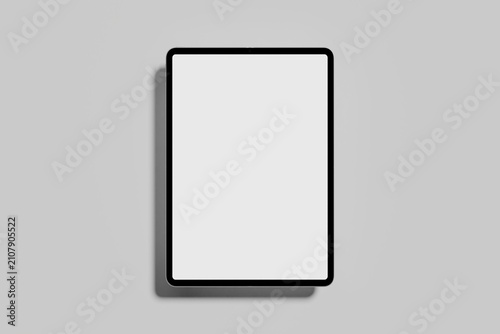 Realistic Tablet Mockup with Stylus Pen and Blank Screen on Clean Gray Background for App Interface Branding and Digital Presentation