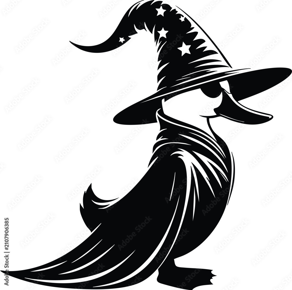 Obraz premium Whimsical duck wizard illustration wearing a starry pointed hat and a flowing magical cloak a charming fantasy creature design