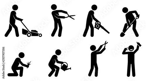 Set of black silhouette stick figures performing various home maintenance and garden chores, lawn mowing, pruning, irrigation, and yard work tasks