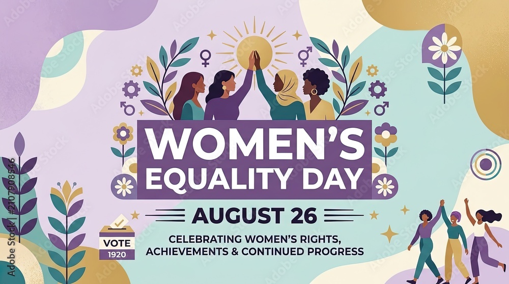 Fototapeta premium Women's Equality Day celebration poster with diverse female professionals raising fists. Vibrant flat design vector illustration for workplace gend...