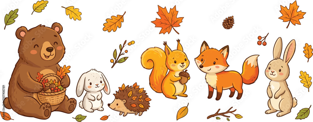 Obraz premium Sweet Autumn Wildlife Banner Set with Bear, Bunnies, Hedgehog, Squirrel, Red Fox, Pinecone, and Scattered Fall Tree Leaves