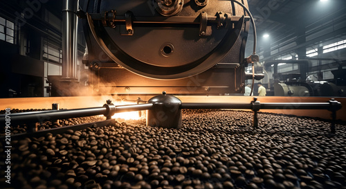 Coffee Roasting Process in Industrial Workshop with Beans and Machinery under Dim Lighting Background