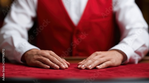 Hands of dealer in red vest on gambling table