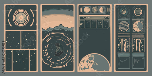 Obraz na płótnie Four Rectangular Panels Featuring Celestial Bodies And Geometric Designs Vector