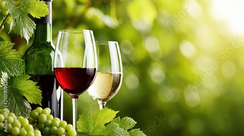 Bottle and glasses of red and white wine with green grapes in vineyard