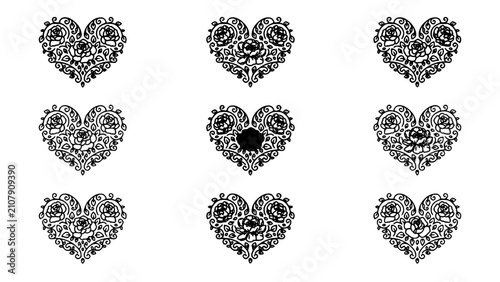 Hearts with Intricate Designs in a Decorative Pattern, Showcasing Various Styles and Details. Featuring Heart, Design, Art