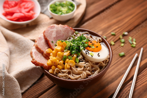 Bowl of ramen noodle soup w...