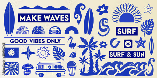 Collection Of Blue Silhouette Icons Featuring Surfboards Waves And Tropical Foliage surfboard wave