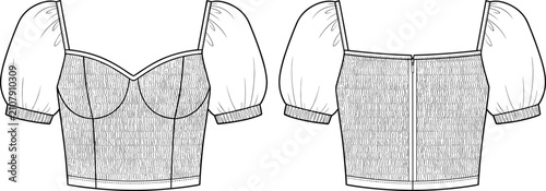 Smocked crop top flat sketch technical drawing vector template with sweetheart neckline and short puff sleeves