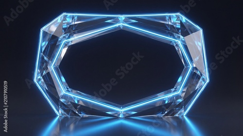 Futuristic Blue Neon Polygonal Crystal Glass Frame on Dark Background