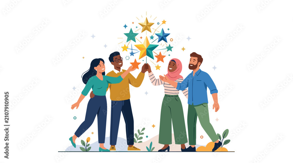 Fototapeta premium Diverse group of happy people celebrating success with floating stars.