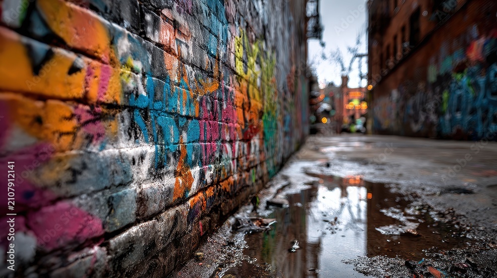 Fototapeta premium Colorful street art on a weathered brick wall for dramatic urban scenes
