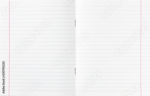 Fotografía Open blank lined notebook with blue rules, red margins and center fold, clean pa