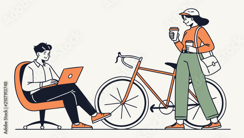Young man working on laptop while woman stands with bicycle and smartphone, modern urban lifestyle and digital communication concept