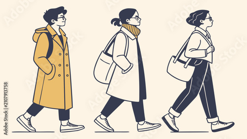 Three young people walking in casual autumn clothing with coats, backpacks and sneakers, urban lifestyle and commuting concept