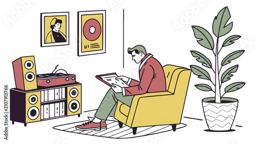 Young man reading book in cozy living room with armchair, vinyl record player, stereo system, speakers, wall art and houseplant
