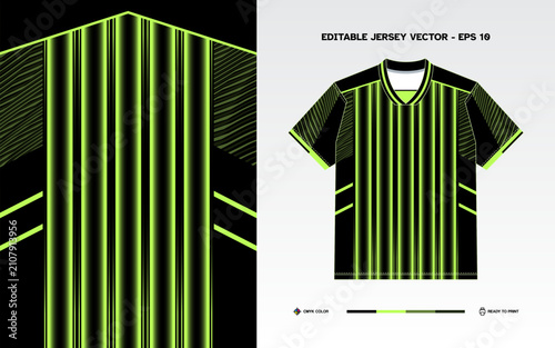 Black and neon green sports jersey design template featuring vertical gradient stripes with textured sleeve accents for soccer football club kit, activewear t-shirt mockup, and sublimation print