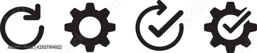 Set of vector icons showing sync arrows gear cog wheel and check mark symbols for application user interface web design and digital technology elements for website development tasks.