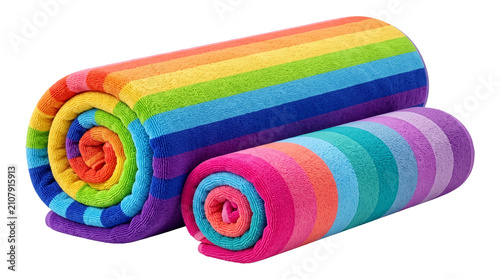 Rainbow striped beach towels rolled up, colorful cotton bath towel set, vibrant multi-color fabric textile for summer vacation and spa