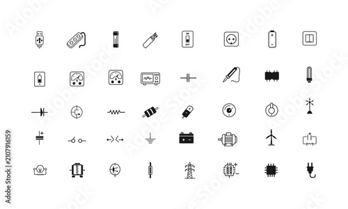 Minimalist line icons set of electronic devices, tools, and symbols for modern design projects and user interfaces