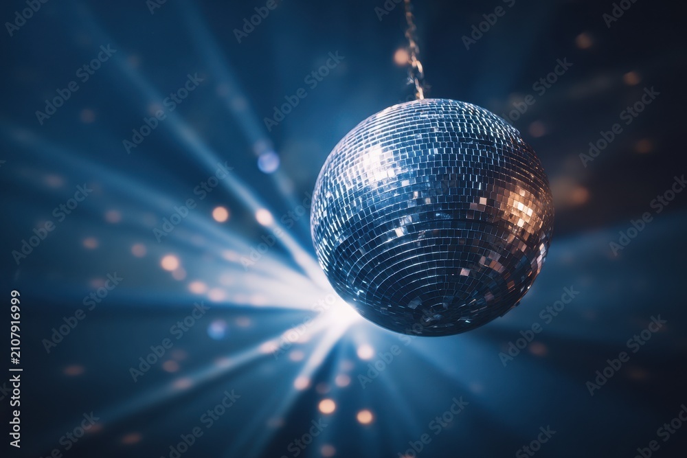 Obraz premium Cinematic blue glow highlighting crystal facets of a hanging disco ball