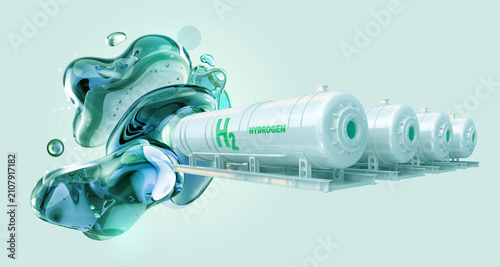 Green hydrogen storage tank, H2 fuel cell energy. Clean renewable energy, sustainable liquid hydrogen technology, eco industrial facility. Net zero carbon transition, friendly bio power generation