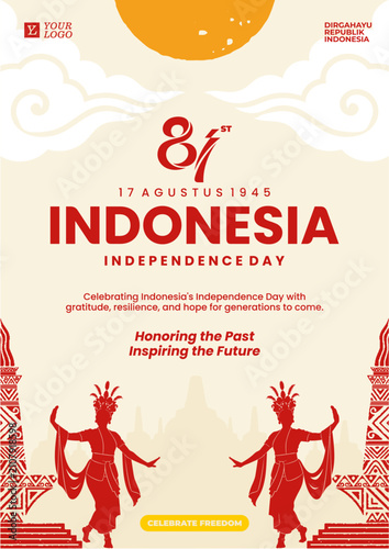 Indonesia Independence Day Poster with Traditional Indonesian Ornament, Cultural Dance, Landmark, 17 August 1945 National Celebration