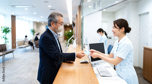受付で保険証を提示する男性