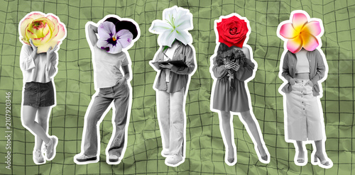 Bild auf Leinwand Five women with colorful flowers as heads standing on a green grid background, i